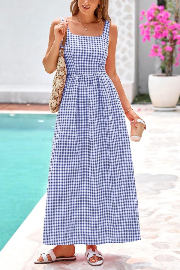 PRETTYGARDEN Women's 2025 Summer Spaghetti Strap Maxi Dresses Plaid Square Neck A Line Casual Beach Vacation Long Sundress - Image 27