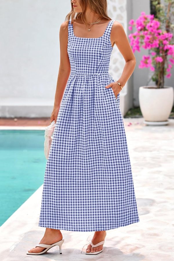 PRETTYGARDEN Women's 2025 Summer Spaghetti Strap Maxi Dresses Plaid Square Neck A Line Casual Beach Vacation Long Sundress - Image 28