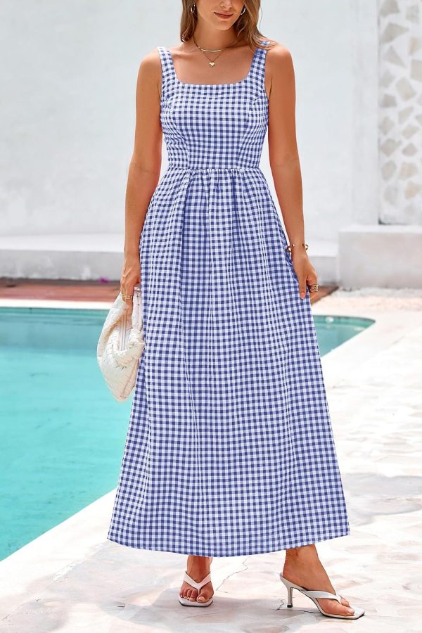 PRETTYGARDEN Women's 2025 Summer Spaghetti Strap Maxi Dresses Plaid Square Neck A Line Casual Beach Vacation Long Sundress - Image 29