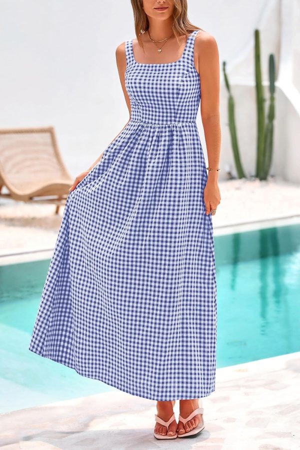 PRETTYGARDEN Women's 2025 Summer Spaghetti Strap Maxi Dresses Plaid Square Neck A Line Casual Beach Vacation Long Sundress - Image 31