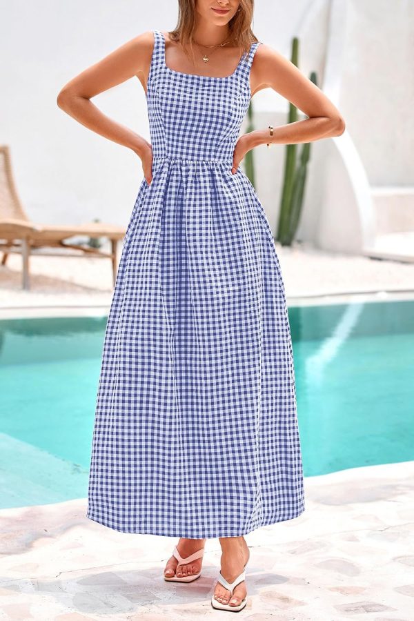 PRETTYGARDEN Women's 2025 Summer Spaghetti Strap Maxi Dresses Plaid Square Neck A Line Casual Beach Vacation Long Sundress - Image 32