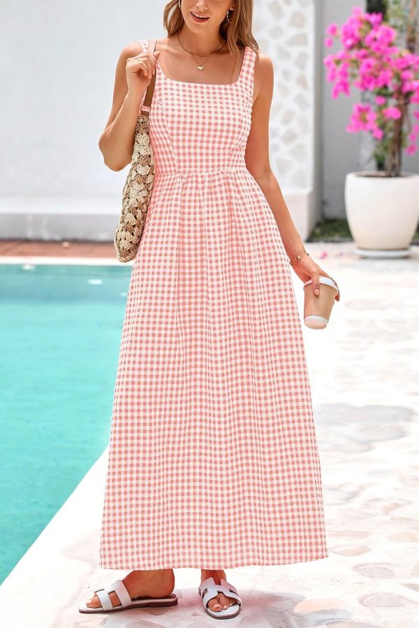 PRETTYGARDEN Women's 2025 Summer Spaghetti Strap Maxi Dresses Plaid Square Neck A Line Casual Beach Vacation Long Sundress - Image 35