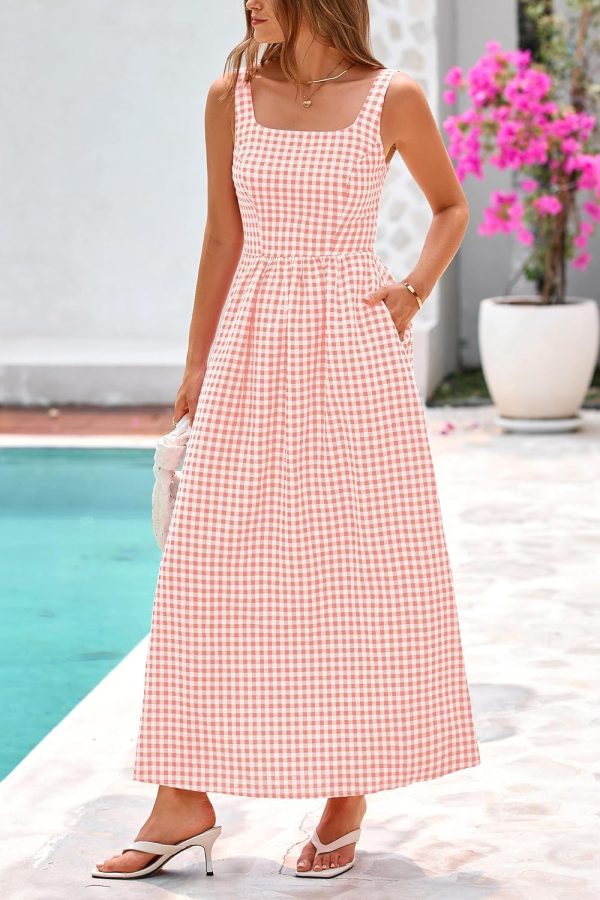 PRETTYGARDEN Women's 2025 Summer Spaghetti Strap Maxi Dresses Plaid Square Neck A Line Casual Beach Vacation Long Sundress - Image 36