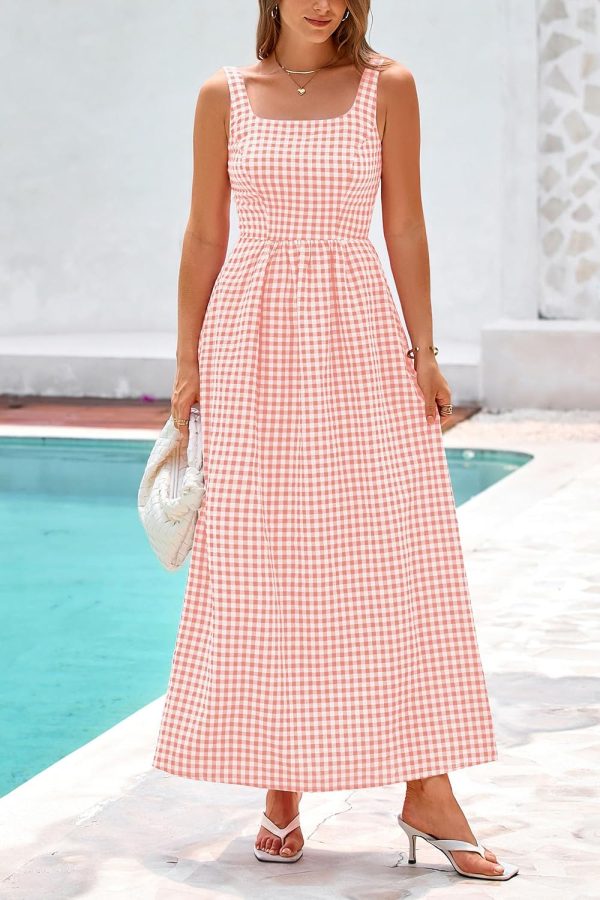 PRETTYGARDEN Women's 2025 Summer Spaghetti Strap Maxi Dresses Plaid Square Neck A Line Casual Beach Vacation Long Sundress - Image 37