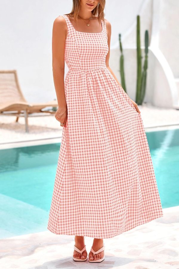 PRETTYGARDEN Women's 2025 Summer Spaghetti Strap Maxi Dresses Plaid Square Neck A Line Casual Beach Vacation Long Sundress - Image 38