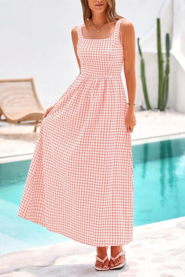 PRETTYGARDEN Women's 2025 Summer Spaghetti Strap Maxi Dresses Plaid Square Neck A Line Casual Beach Vacation Long Sundress - Image 39
