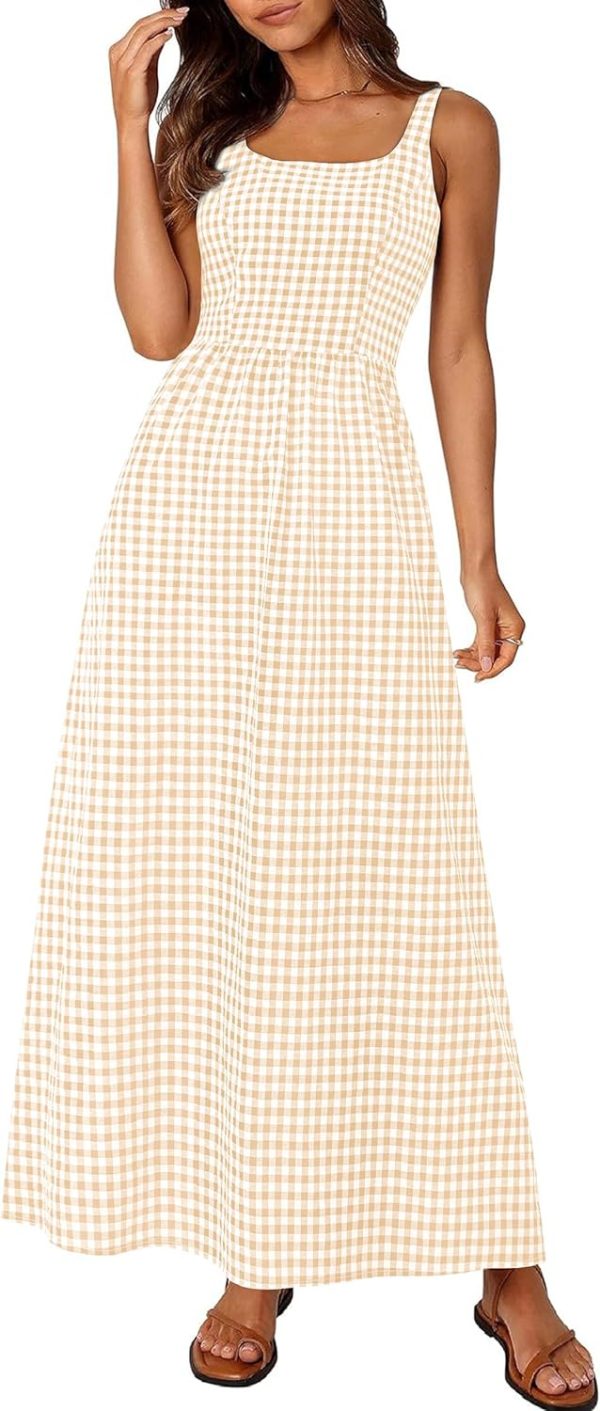 PRETTYGARDEN Women's 2025 Summer Spaghetti Strap Maxi Dresses Plaid Square Neck A Line Casual Beach Vacation Long Sundress - Image 41
