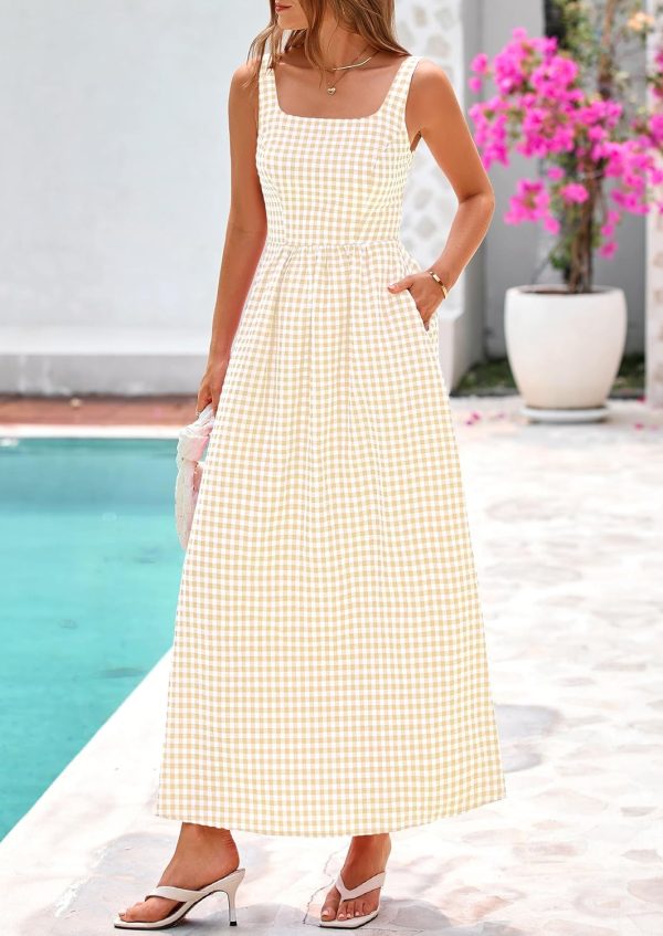 PRETTYGARDEN Women's 2025 Summer Spaghetti Strap Maxi Dresses Plaid Square Neck A Line Casual Beach Vacation Long Sundress - Image 43