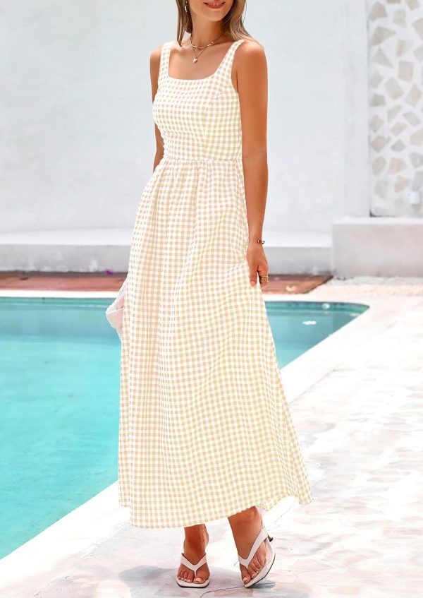 PRETTYGARDEN Women's 2025 Summer Spaghetti Strap Maxi Dresses Plaid Square Neck A Line Casual Beach Vacation Long Sundress - Image 44