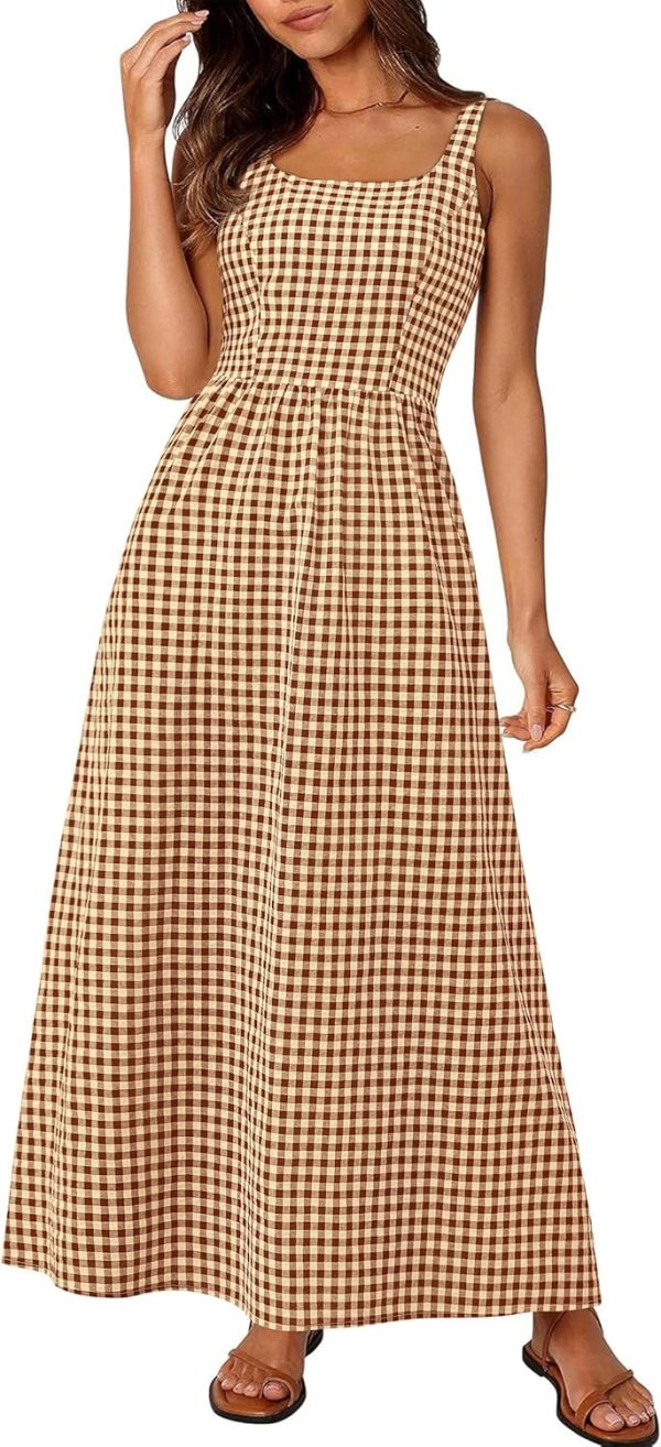 PRETTYGARDEN Women's 2025 Summer Spaghetti Strap Maxi Dresses Plaid Square Neck A Line Casual Beach Vacation Long Sundress - Image 49