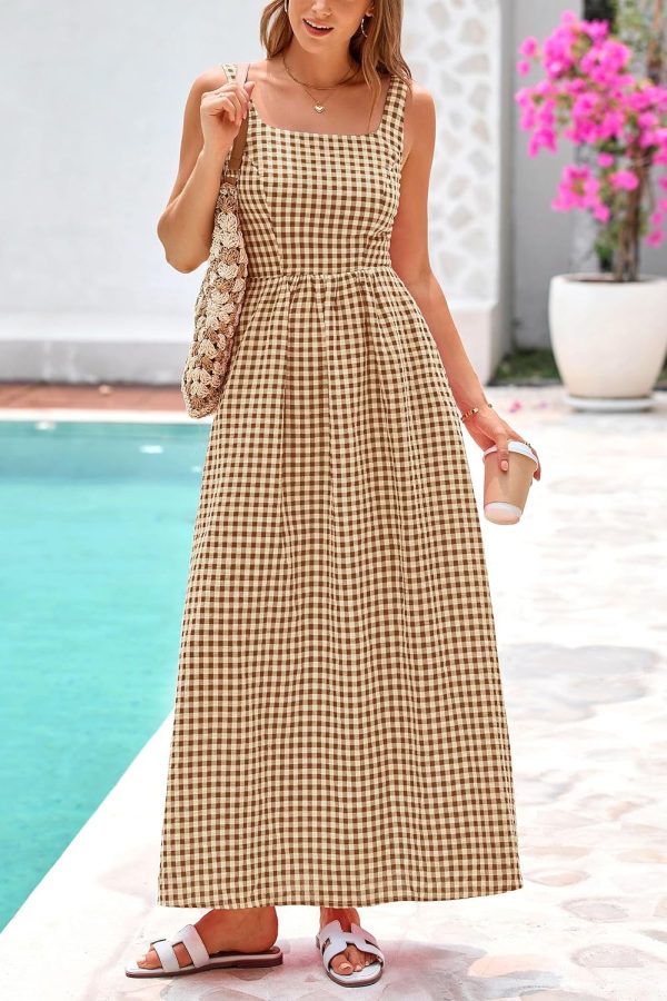 PRETTYGARDEN Women's 2025 Summer Spaghetti Strap Maxi Dresses Plaid Square Neck A Line Casual Beach Vacation Long Sundress - Image 51