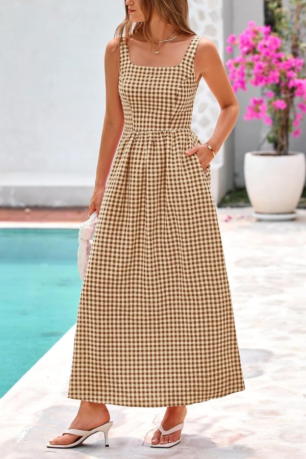 PRETTYGARDEN Women's 2025 Summer Spaghetti Strap Maxi Dresses Plaid Square Neck A Line Casual Beach Vacation Long Sundress - Image 52