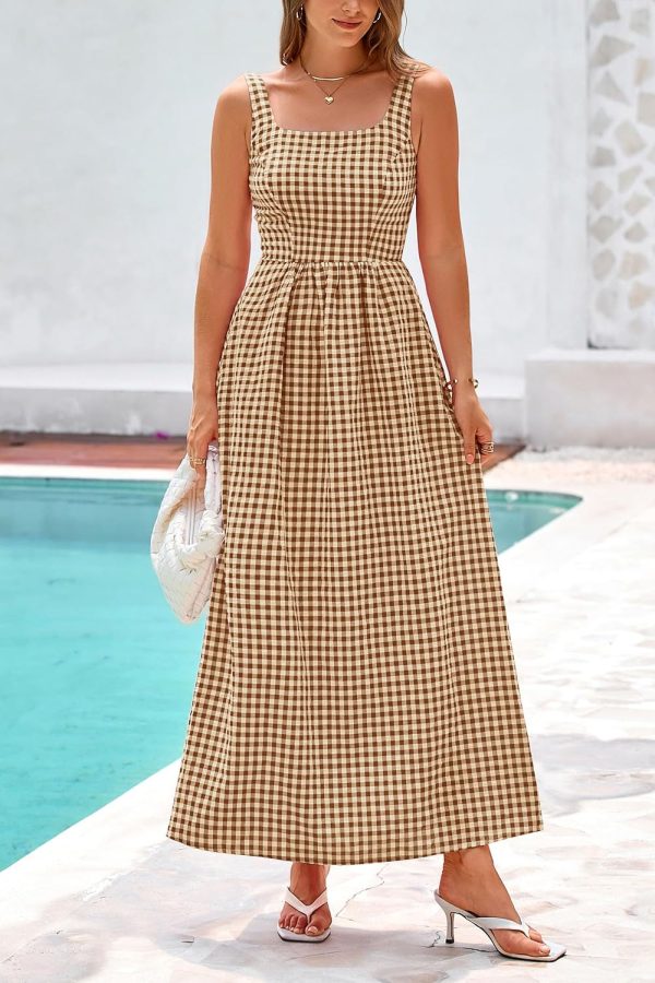 PRETTYGARDEN Women's 2025 Summer Spaghetti Strap Maxi Dresses Plaid Square Neck A Line Casual Beach Vacation Long Sundress - Image 53