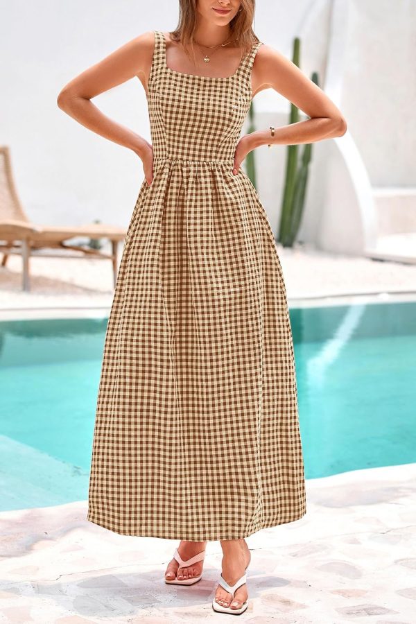 PRETTYGARDEN Women's 2025 Summer Spaghetti Strap Maxi Dresses Plaid Square Neck A Line Casual Beach Vacation Long Sundress - Image 56