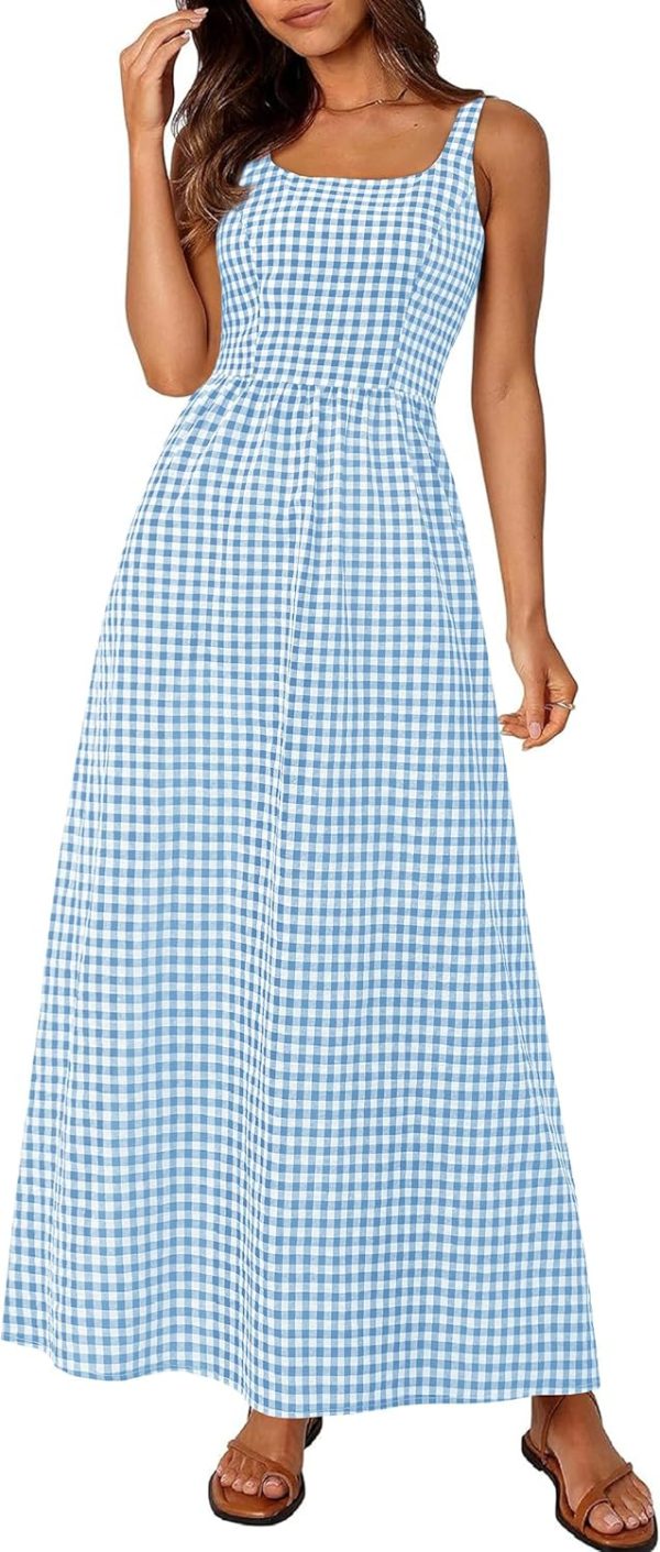 PRETTYGARDEN Women's 2025 Summer Spaghetti Strap Maxi Dresses Plaid Square Neck A Line Casual Beach Vacation Long Sundress - Image 57