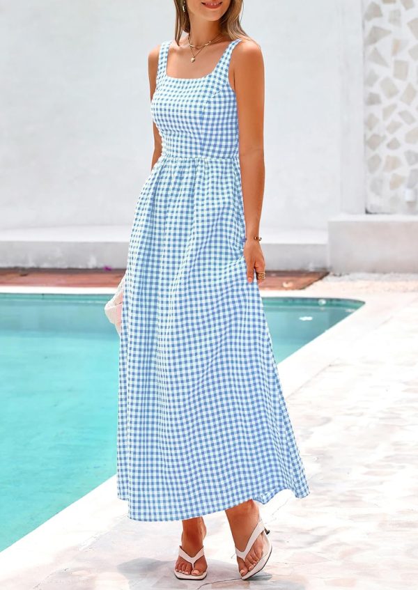 PRETTYGARDEN Women's 2025 Summer Spaghetti Strap Maxi Dresses Plaid Square Neck A Line Casual Beach Vacation Long Sundress - Image 60