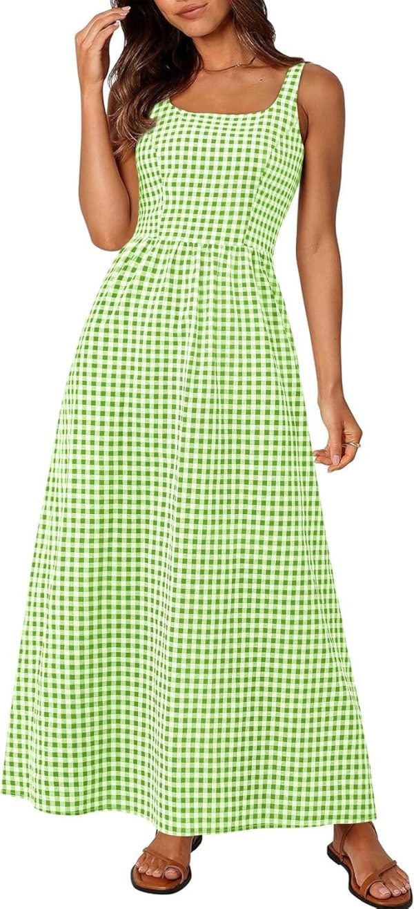PRETTYGARDEN Women's 2025 Summer Spaghetti Strap Maxi Dresses Plaid Square Neck A Line Casual Beach Vacation Long Sundress - Image 65
