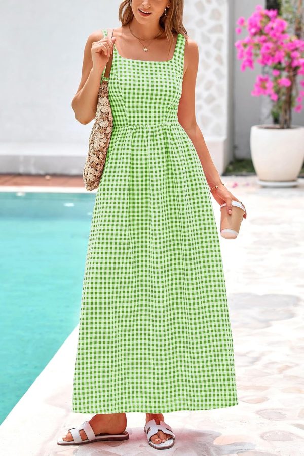 PRETTYGARDEN Women's 2025 Summer Spaghetti Strap Maxi Dresses Plaid Square Neck A Line Casual Beach Vacation Long Sundress - Image 67