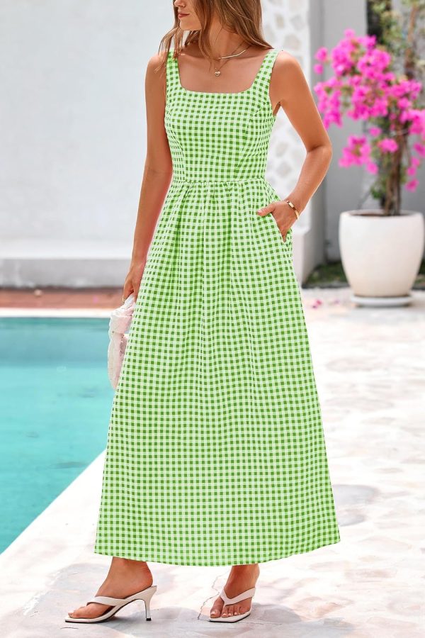 PRETTYGARDEN Women's 2025 Summer Spaghetti Strap Maxi Dresses Plaid Square Neck A Line Casual Beach Vacation Long Sundress - Image 68