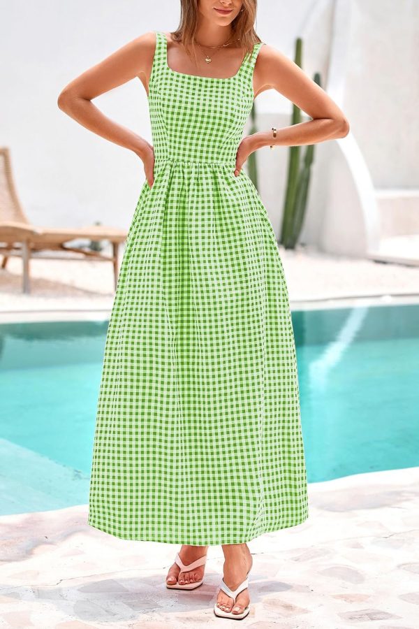PRETTYGARDEN Women's 2025 Summer Spaghetti Strap Maxi Dresses Plaid Square Neck A Line Casual Beach Vacation Long Sundress - Image 72