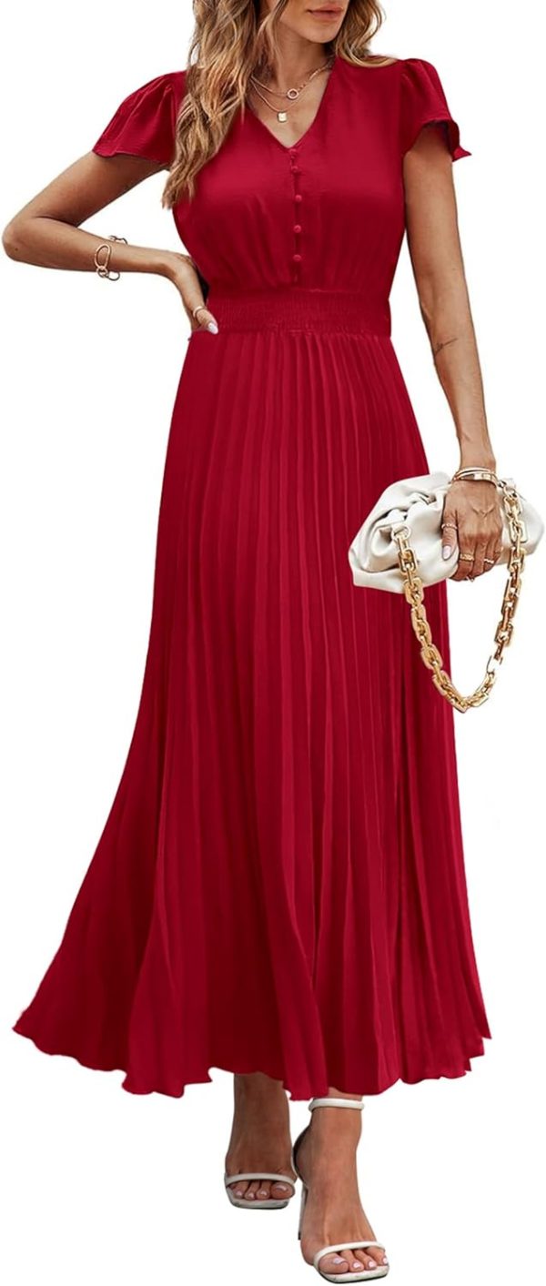 PRETTYGARDEN Women's Maxi Dresses 2025 Summer Trendy Cap Short Sleeve Button V Neck Casual Flowy Pleated Long Dress
