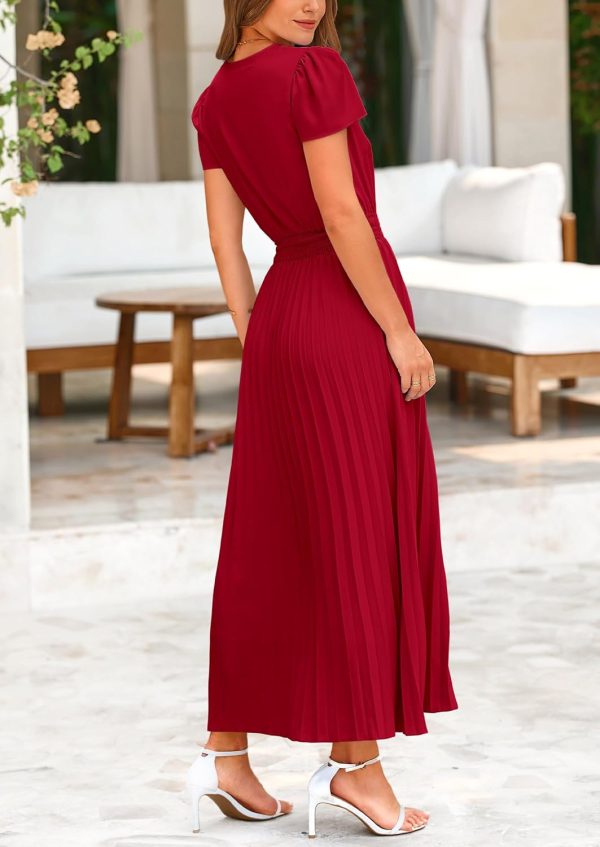PRETTYGARDEN Women's Maxi Dresses 2025 Summer Trendy Cap Short Sleeve Button V Neck Casual Flowy Pleated Long Dress - Image 2