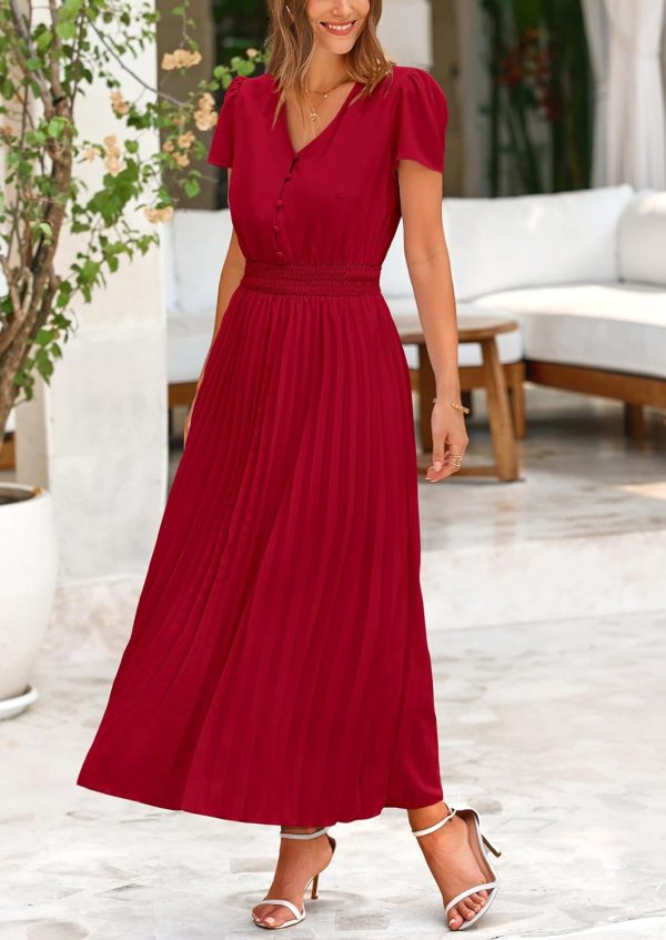 PRETTYGARDEN Women's Maxi Dresses 2025 Summer Trendy Cap Short Sleeve Button V Neck Casual Flowy Pleated Long Dress - Image 4
