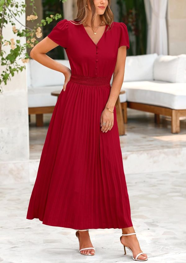 PRETTYGARDEN Women's Maxi Dresses 2025 Summer Trendy Cap Short Sleeve Button V Neck Casual Flowy Pleated Long Dress - Image 5