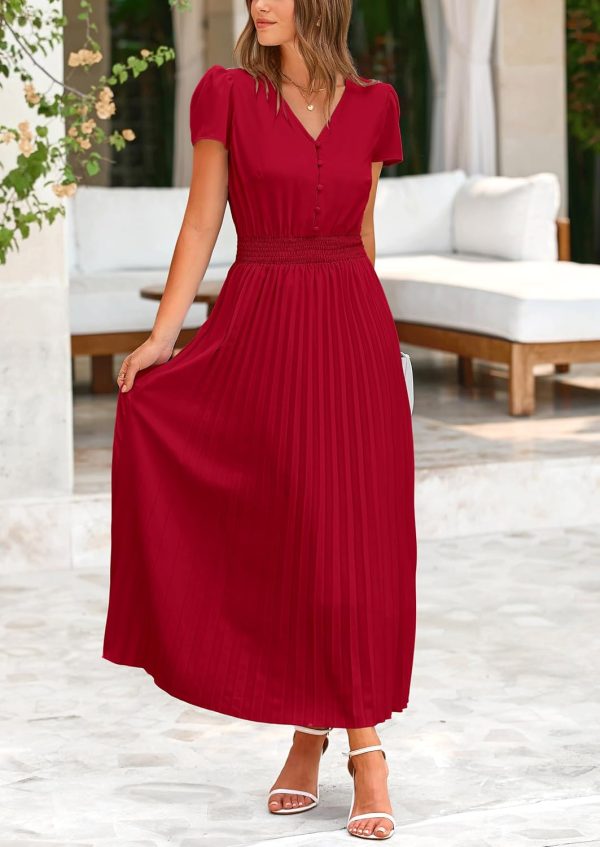 PRETTYGARDEN Women's Maxi Dresses 2025 Summer Trendy Cap Short Sleeve Button V Neck Casual Flowy Pleated Long Dress - Image 6