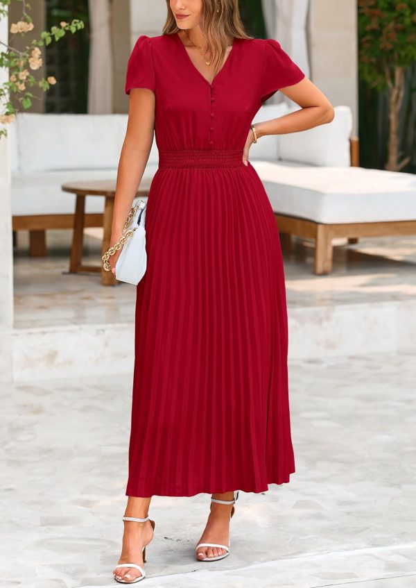 PRETTYGARDEN Women's Maxi Dresses 2025 Summer Trendy Cap Short Sleeve Button V Neck Casual Flowy Pleated Long Dress - Image 7