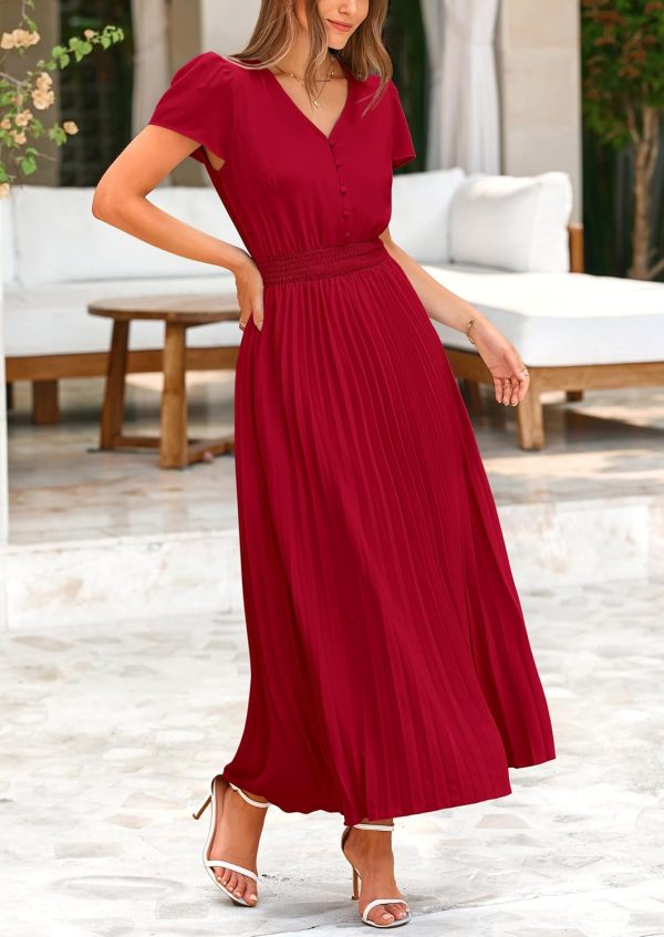 PRETTYGARDEN Women's Maxi Dresses 2025 Summer Trendy Cap Short Sleeve Button V Neck Casual Flowy Pleated Long Dress - Image 8