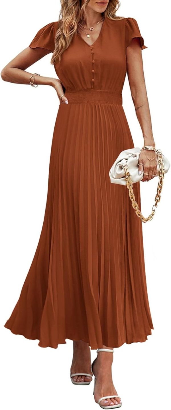 PRETTYGARDEN Women's Maxi Dresses 2025 Summer Trendy Cap Short Sleeve Button V Neck Casual Flowy Pleated Long Dress - Image 9
