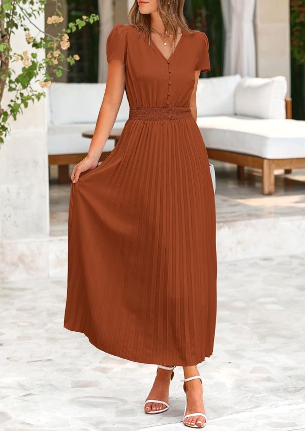 PRETTYGARDEN Women's Maxi Dresses 2025 Summer Trendy Cap Short Sleeve Button V Neck Casual Flowy Pleated Long Dress - Image 12