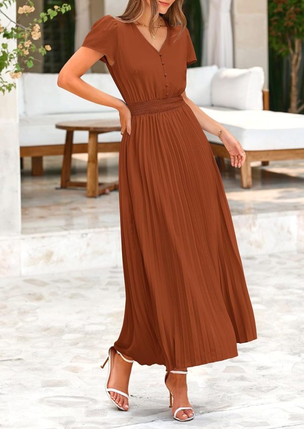 PRETTYGARDEN Women's Maxi Dresses 2025 Summer Trendy Cap Short Sleeve Button V Neck Casual Flowy Pleated Long Dress - Image 13