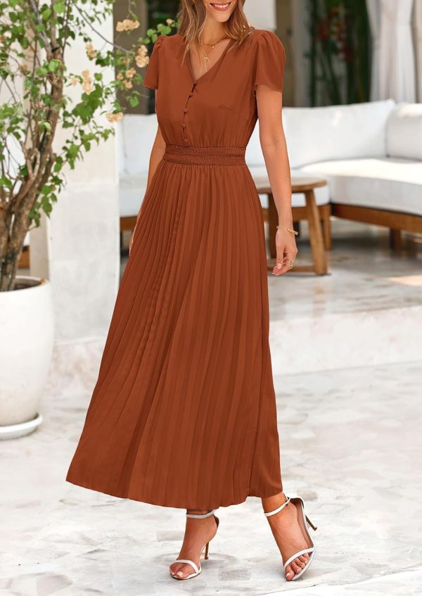 PRETTYGARDEN Women's Maxi Dresses 2025 Summer Trendy Cap Short Sleeve Button V Neck Casual Flowy Pleated Long Dress - Image 15