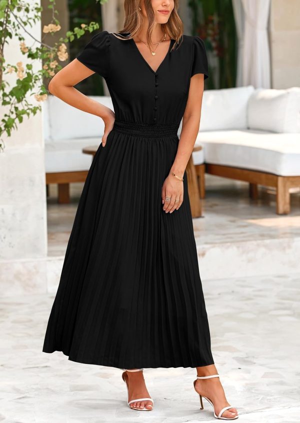 PRETTYGARDEN Women's Maxi Dresses 2025 Summer Trendy Cap Short Sleeve Button V Neck Casual Flowy Pleated Long Dress - Image 21