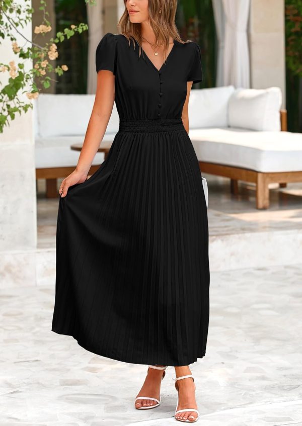 PRETTYGARDEN Women's Maxi Dresses 2025 Summer Trendy Cap Short Sleeve Button V Neck Casual Flowy Pleated Long Dress - Image 22