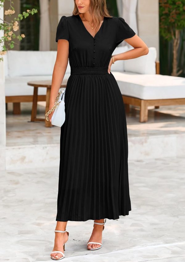 PRETTYGARDEN Women's Maxi Dresses 2025 Summer Trendy Cap Short Sleeve Button V Neck Casual Flowy Pleated Long Dress - Image 23