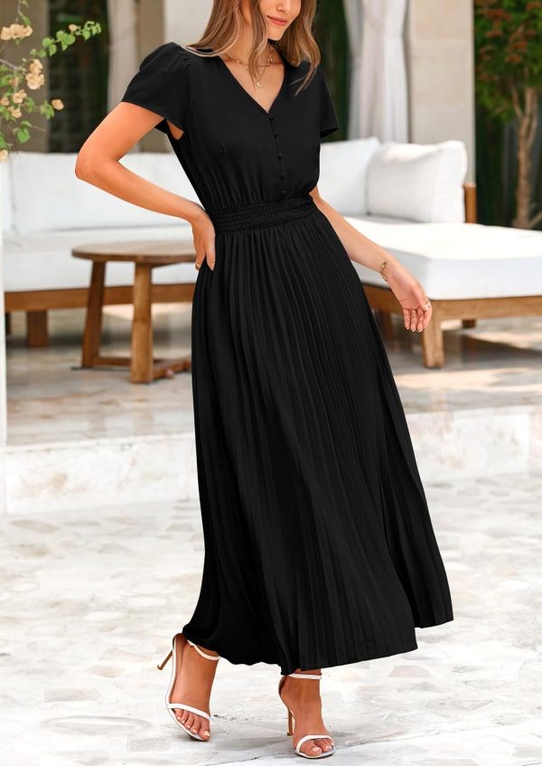 PRETTYGARDEN Women's Maxi Dresses 2025 Summer Trendy Cap Short Sleeve Button V Neck Casual Flowy Pleated Long Dress - Image 24