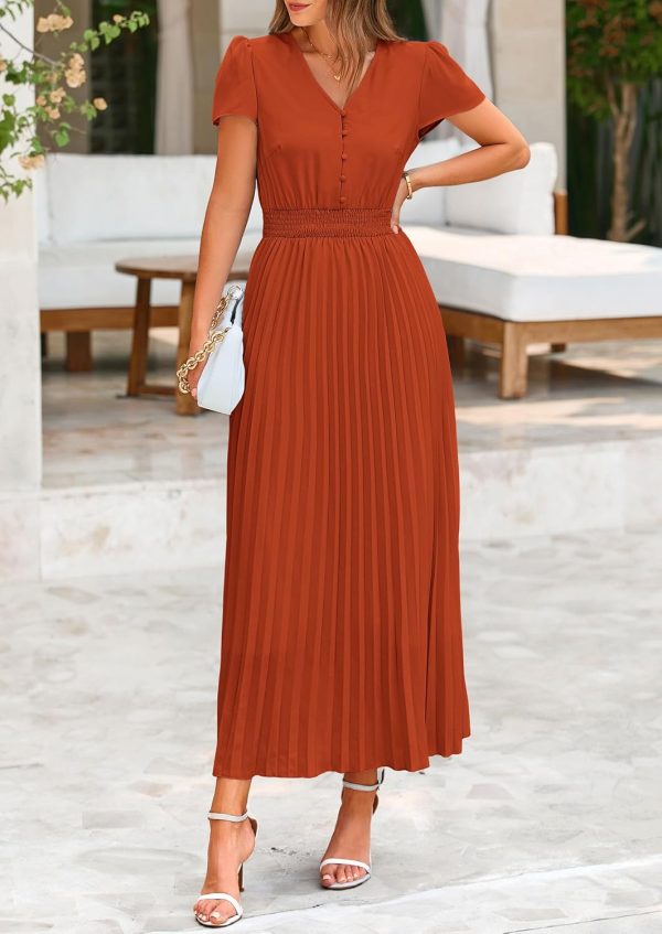 PRETTYGARDEN Women's Maxi Dresses 2025 Summer Trendy Cap Short Sleeve Button V Neck Casual Flowy Pleated Long Dress - Image 27