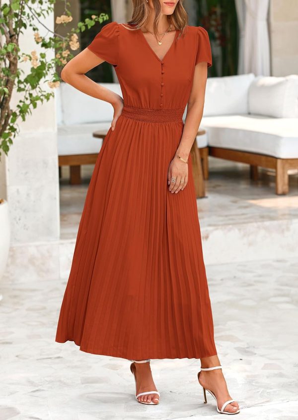 PRETTYGARDEN Women's Maxi Dresses 2025 Summer Trendy Cap Short Sleeve Button V Neck Casual Flowy Pleated Long Dress - Image 30
