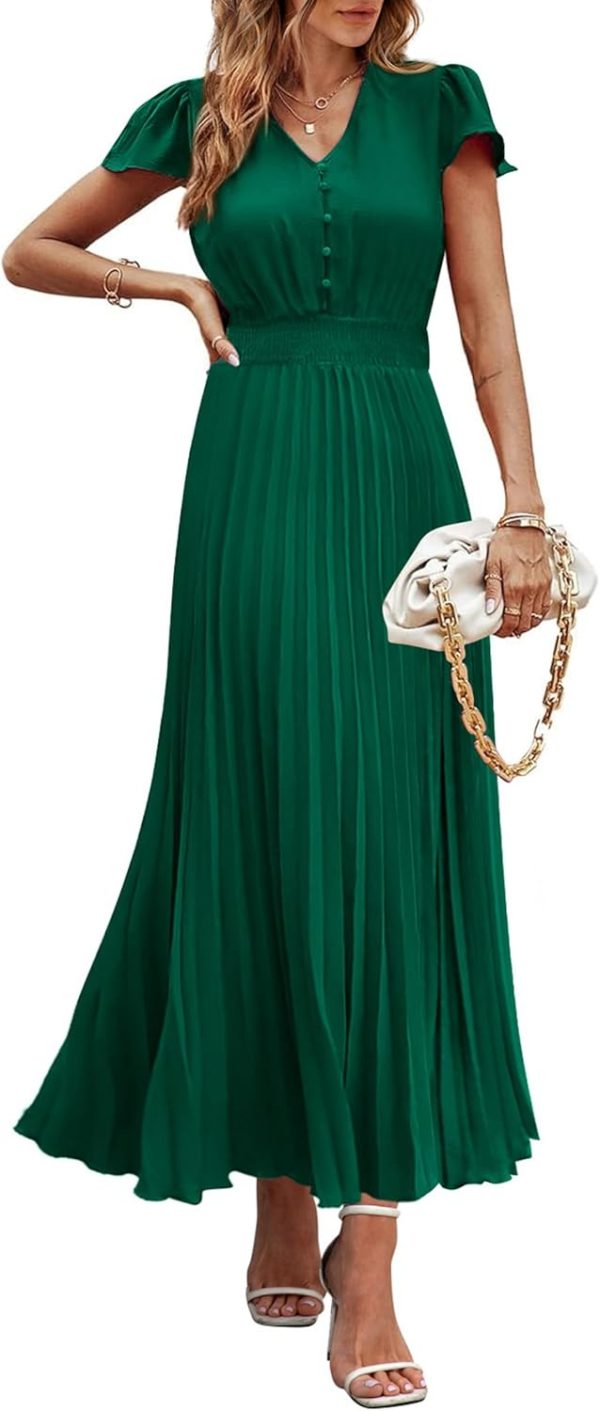 PRETTYGARDEN Women's Maxi Dresses 2025 Summer Trendy Cap Short Sleeve Button V Neck Casual Flowy Pleated Long Dress - Image 33