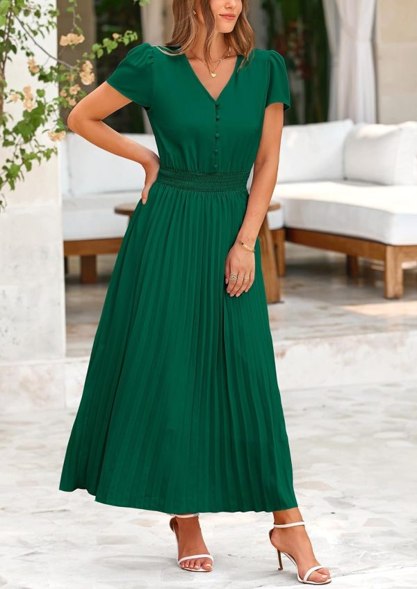 PRETTYGARDEN Women's Maxi Dresses 2025 Summer Trendy Cap Short Sleeve Button V Neck Casual Flowy Pleated Long Dress - Image 37