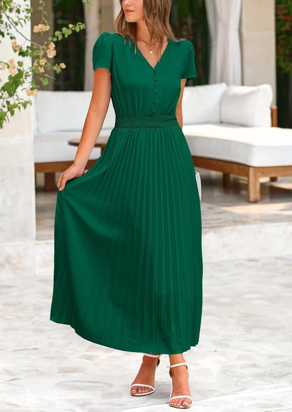 PRETTYGARDEN Women's Maxi Dresses 2025 Summer Trendy Cap Short Sleeve Button V Neck Casual Flowy Pleated Long Dress - Image 38