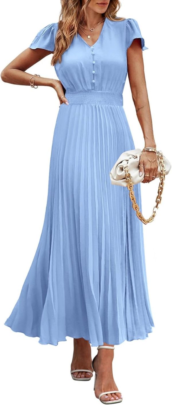 PRETTYGARDEN Women's Maxi Dresses 2025 Summer Trendy Cap Short Sleeve Button V Neck Casual Flowy Pleated Long Dress - Image 41