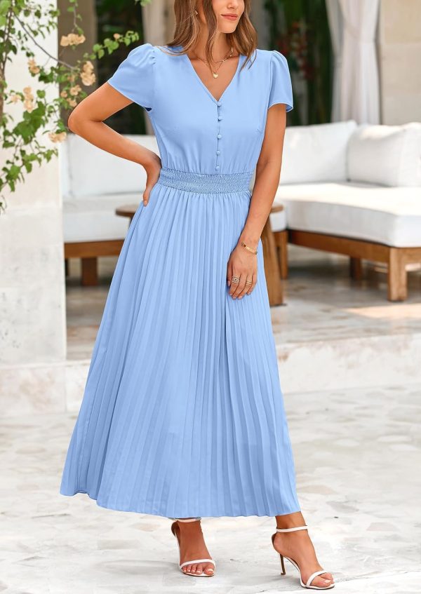 PRETTYGARDEN Women's Maxi Dresses 2025 Summer Trendy Cap Short Sleeve Button V Neck Casual Flowy Pleated Long Dress - Image 45