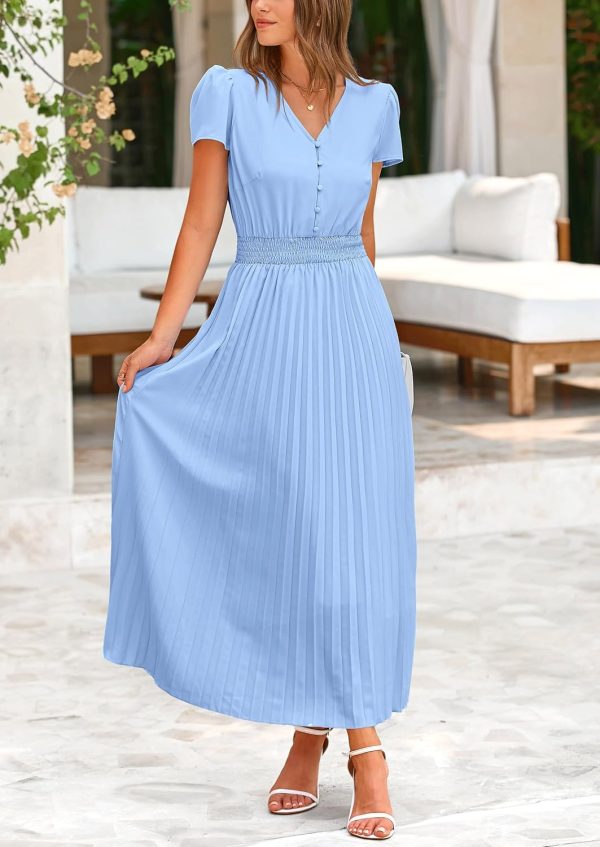 PRETTYGARDEN Women's Maxi Dresses 2025 Summer Trendy Cap Short Sleeve Button V Neck Casual Flowy Pleated Long Dress - Image 46