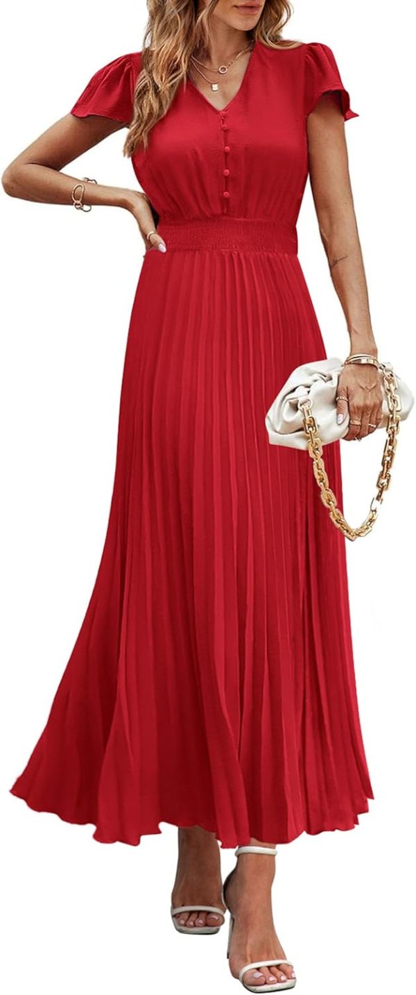 PRETTYGARDEN Women's Maxi Dresses 2025 Summer Trendy Cap Short Sleeve Button V Neck Casual Flowy Pleated Long Dress - Image 49