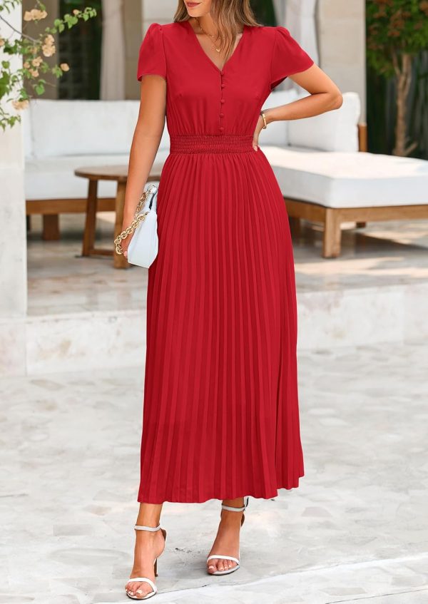 PRETTYGARDEN Women's Maxi Dresses 2025 Summer Trendy Cap Short Sleeve Button V Neck Casual Flowy Pleated Long Dress - Image 51