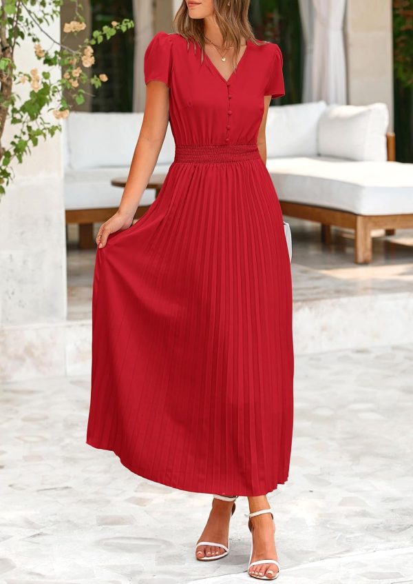 PRETTYGARDEN Women's Maxi Dresses 2025 Summer Trendy Cap Short Sleeve Button V Neck Casual Flowy Pleated Long Dress - Image 52